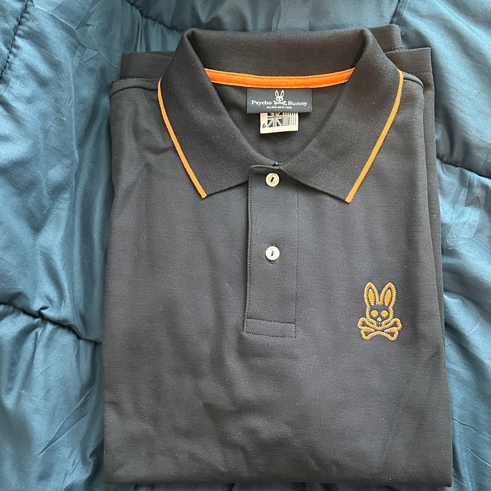 NEW - Psycho Bunny Men's Polo Shirt in Black with Orange & Blue Accents